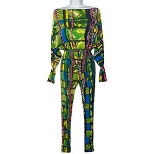 VOTIQUE LA Vibrant Green Colorful Pink Yellow Abstract Print Jumpsuit Small
